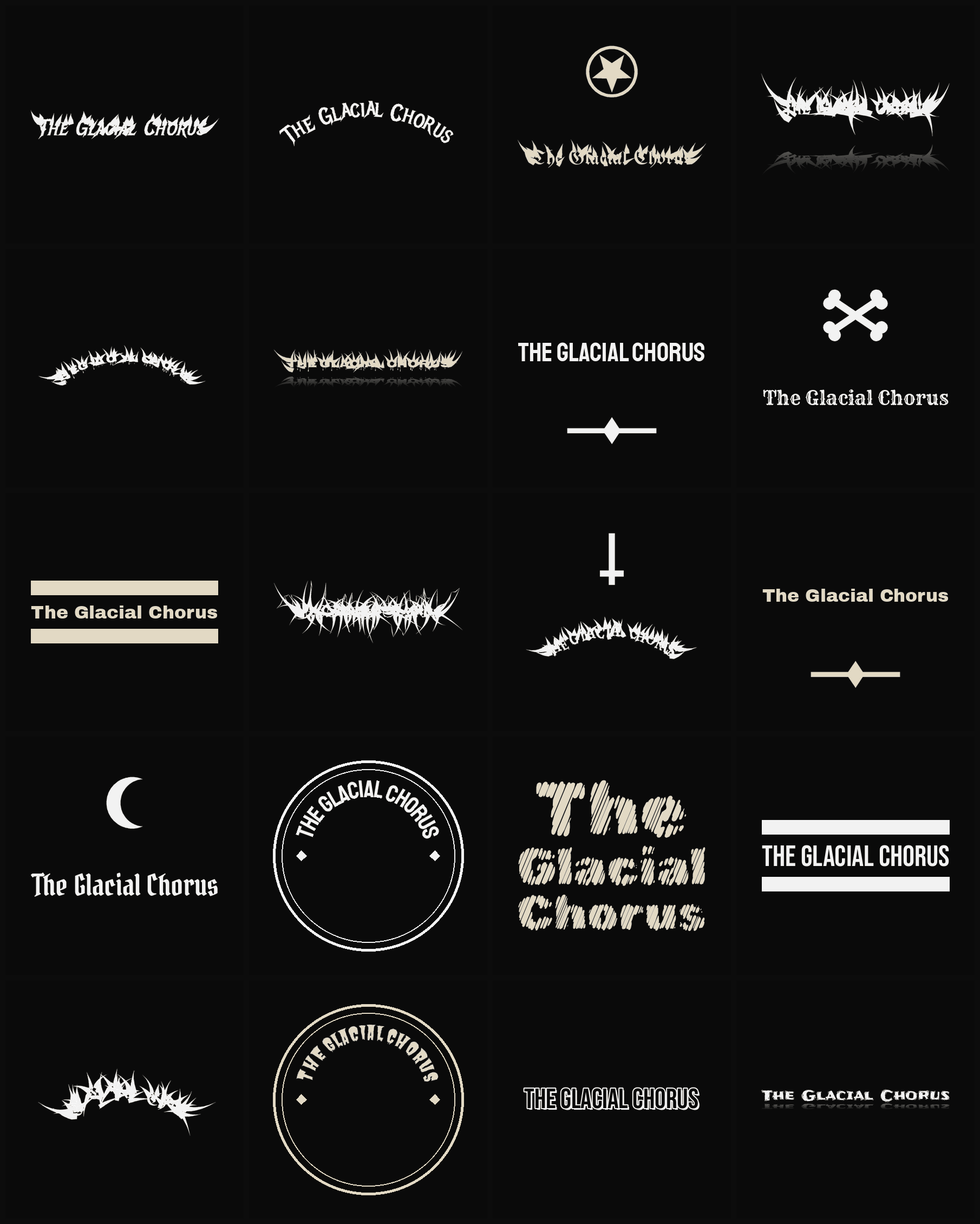 Twenty The Glacial Chorus band logo ideas — different faces, treatments and spike settings