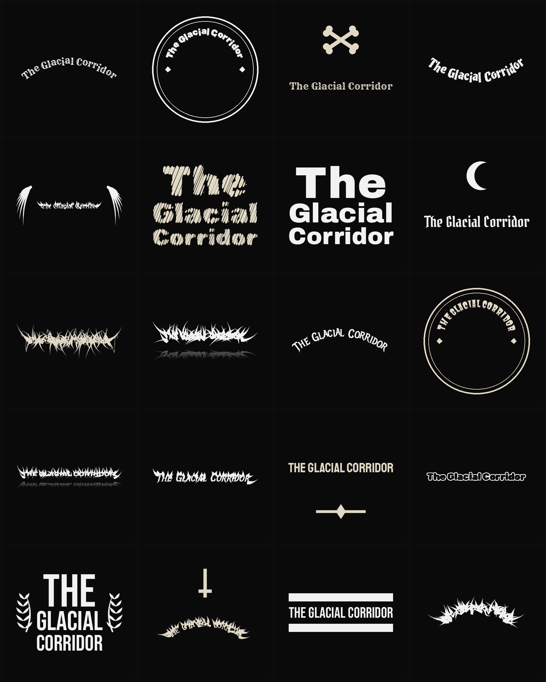 Twenty The Glacial Corridor band logo ideas — different faces, treatments and spike settings