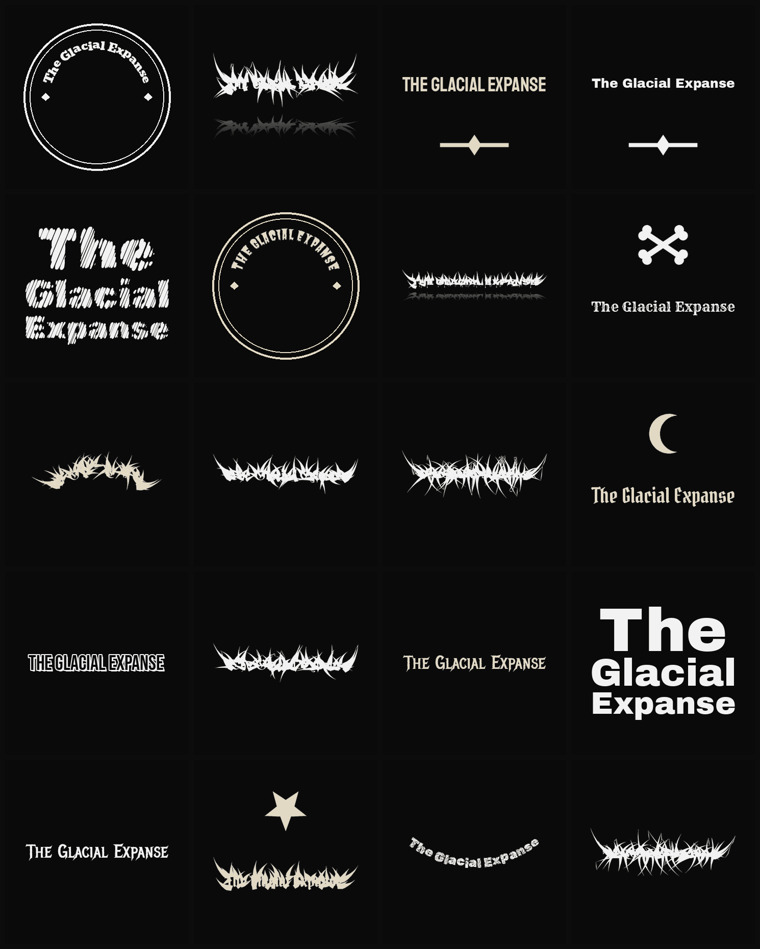 Twenty The Glacial Expanse band logo ideas — different faces, treatments and spike settings