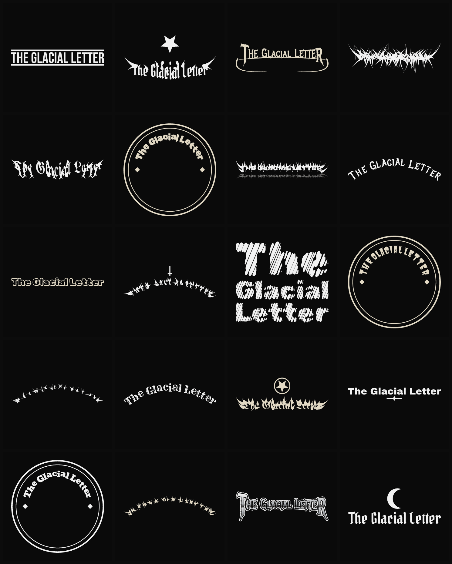 Twenty The Glacial Letter band logo ideas — different faces, treatments and spike settings