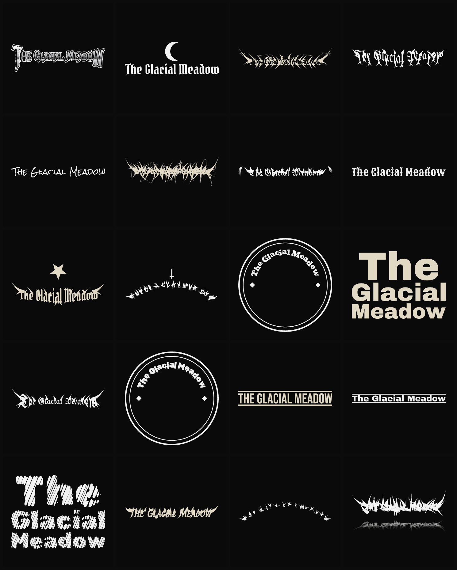 Twenty The Glacial Meadow band logo ideas — different faces, treatments and spike settings