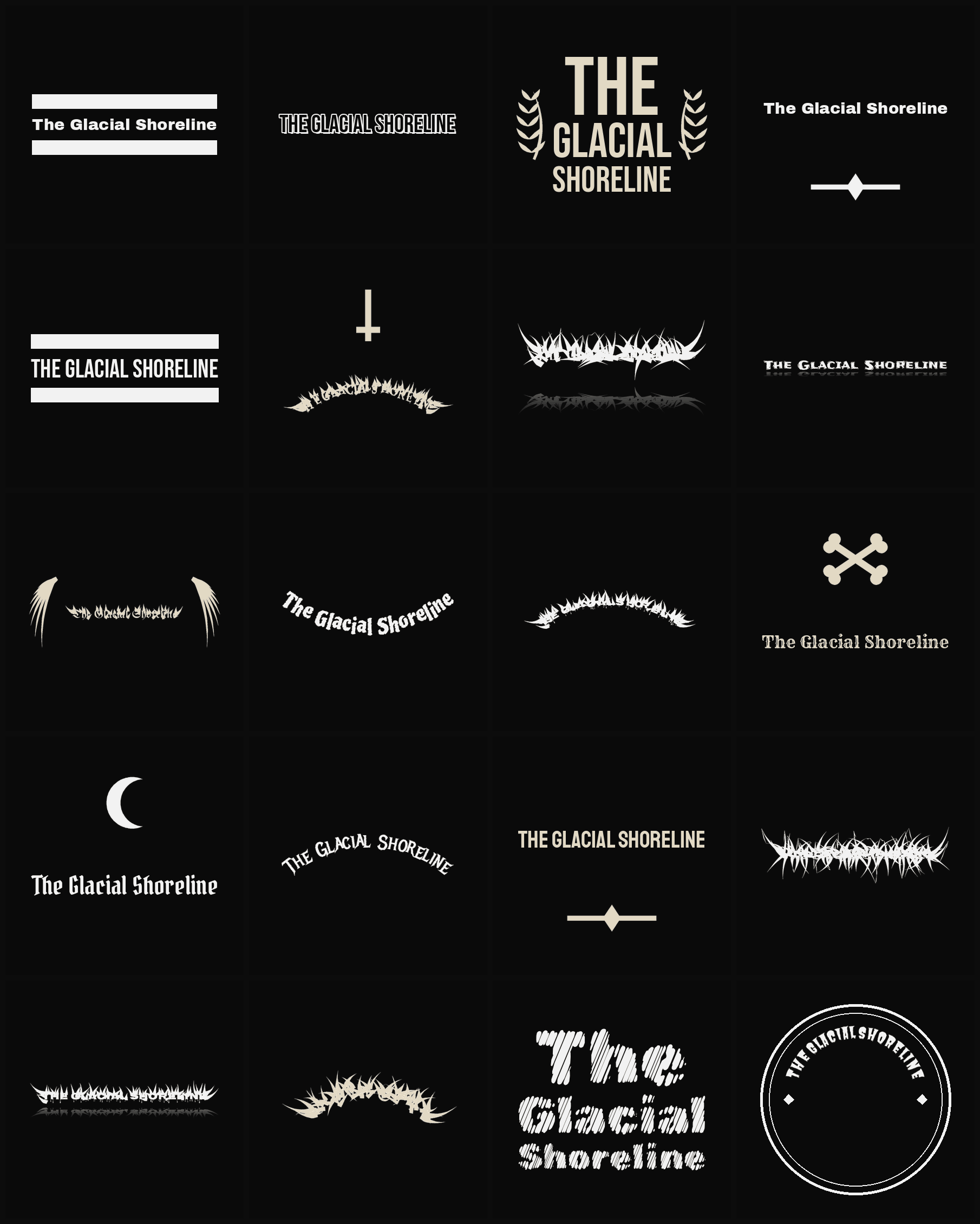 Twenty The Glacial Shoreline band logo ideas — different faces, treatments and spike settings