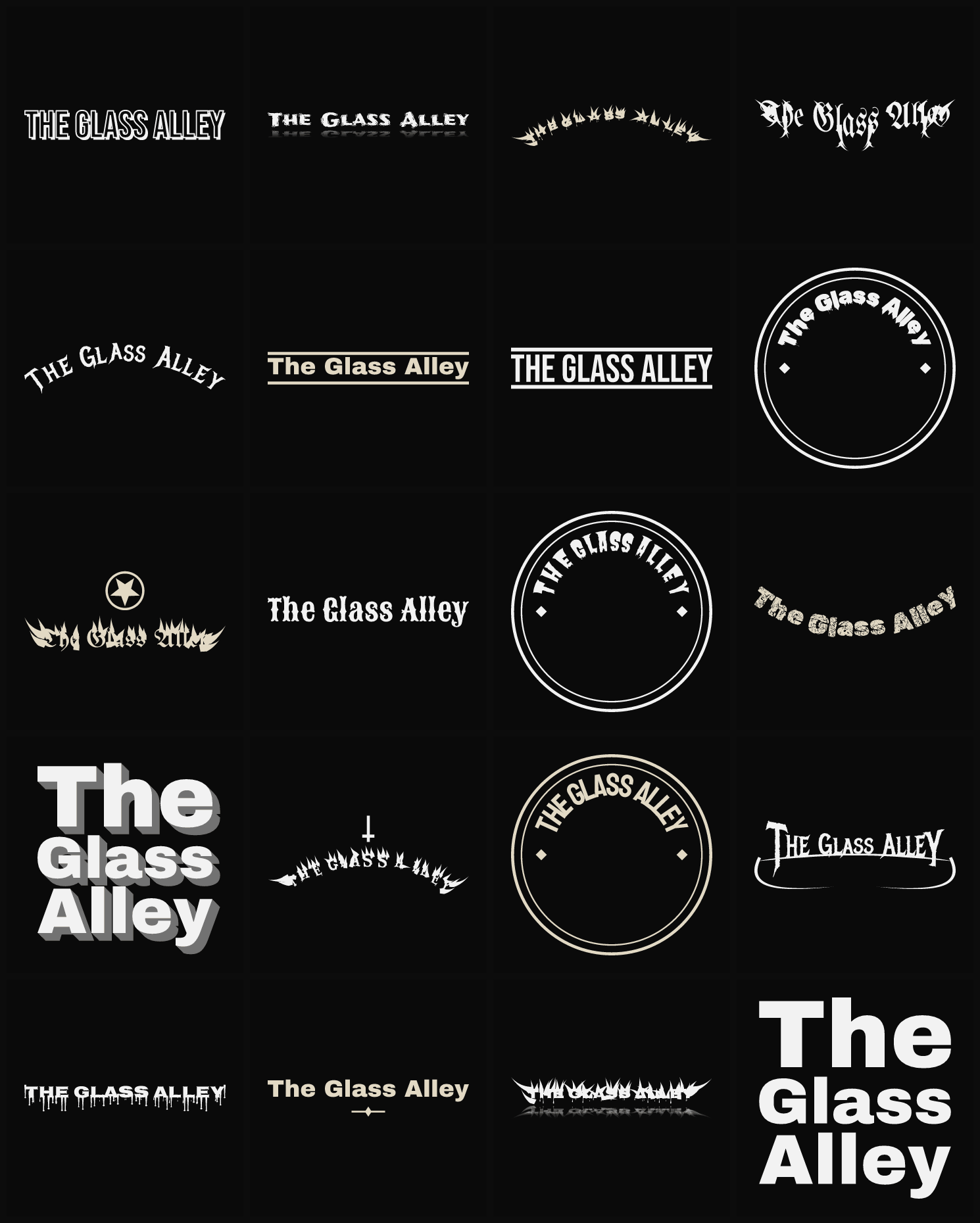 Twenty The Glass Alley band logo ideas — different faces, treatments and spike settings
