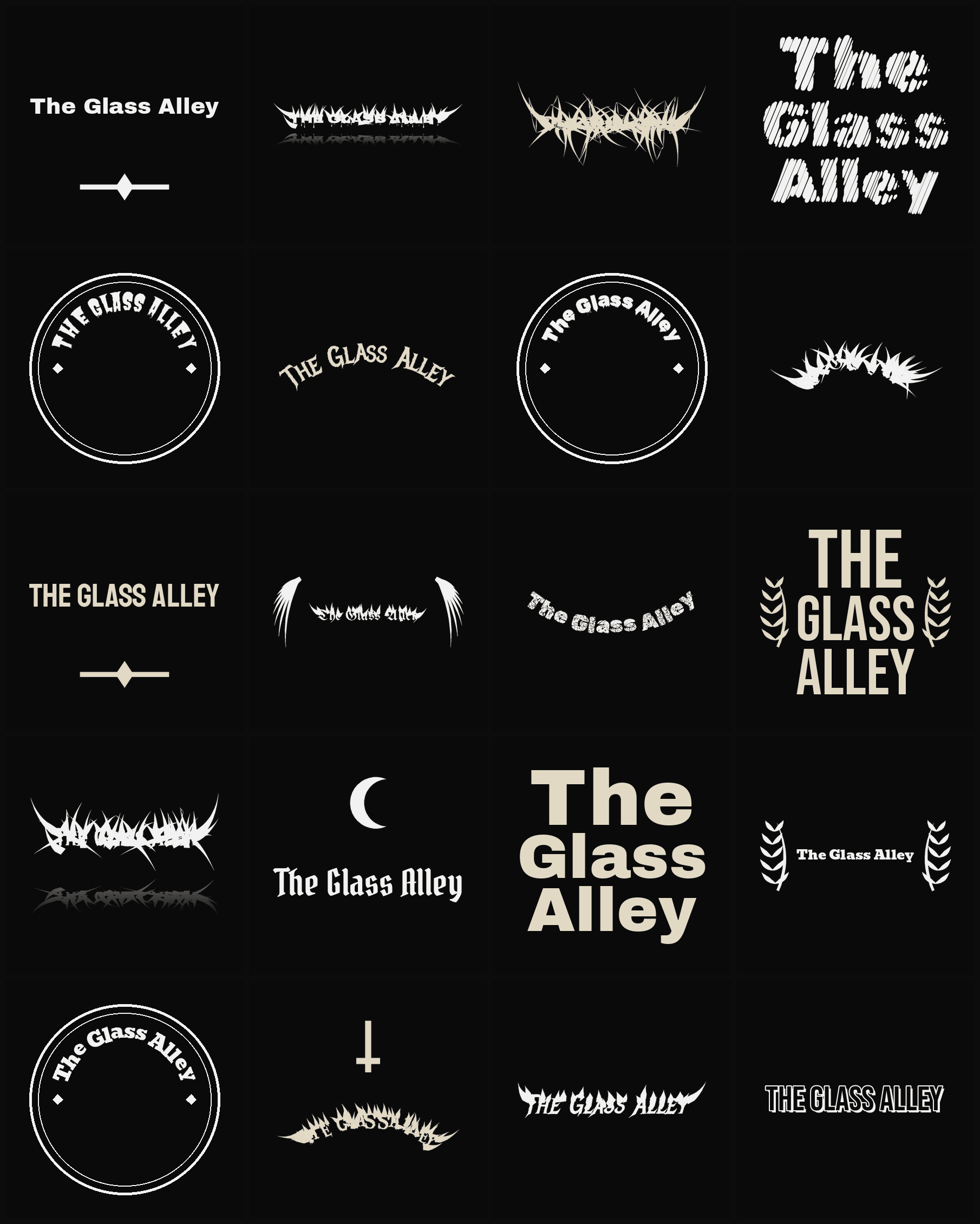 Twenty The Glass Alley band logo ideas — different faces, treatments and spike settings