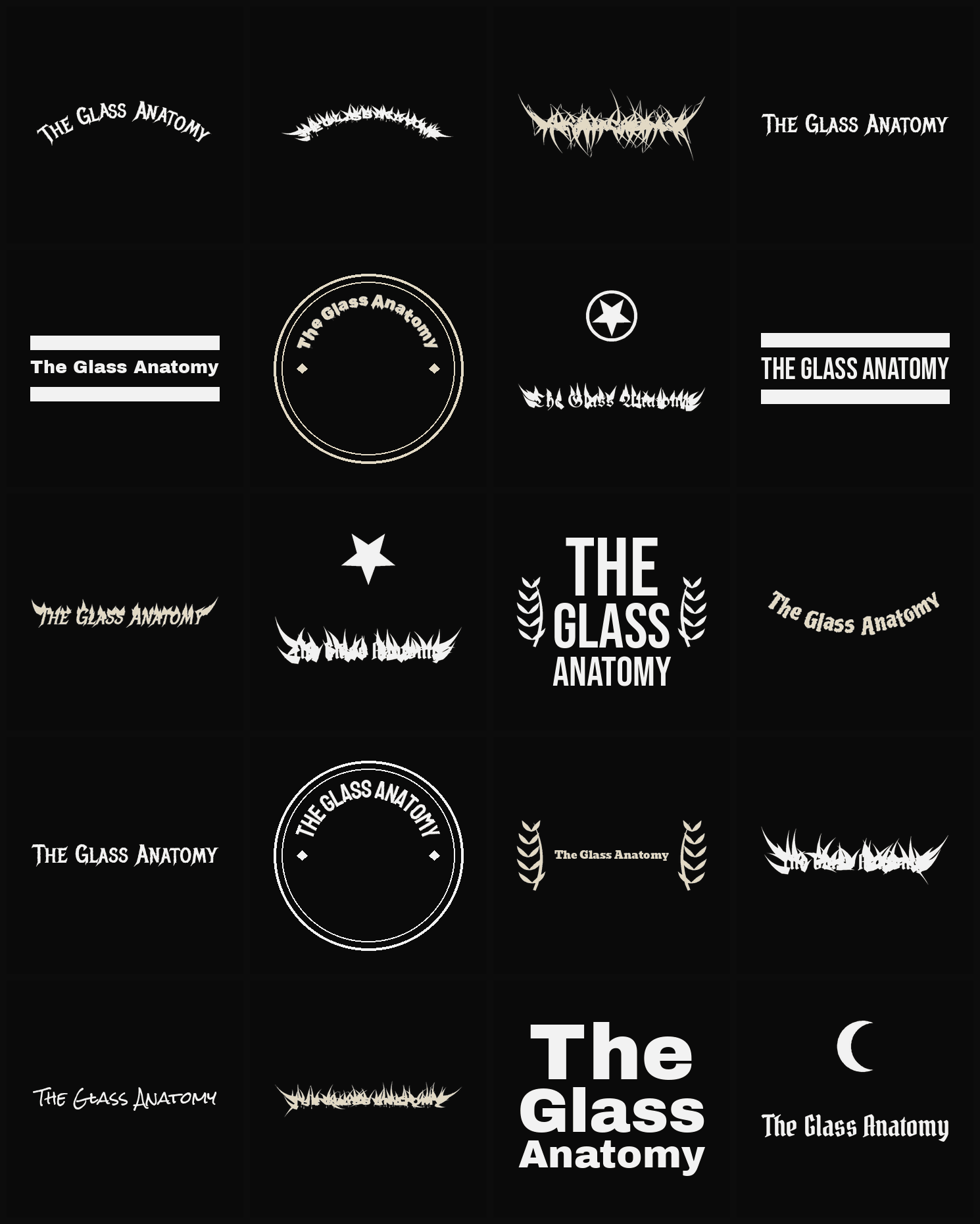 Twenty The Glass Anatomy band logo ideas — different faces, treatments and spike settings