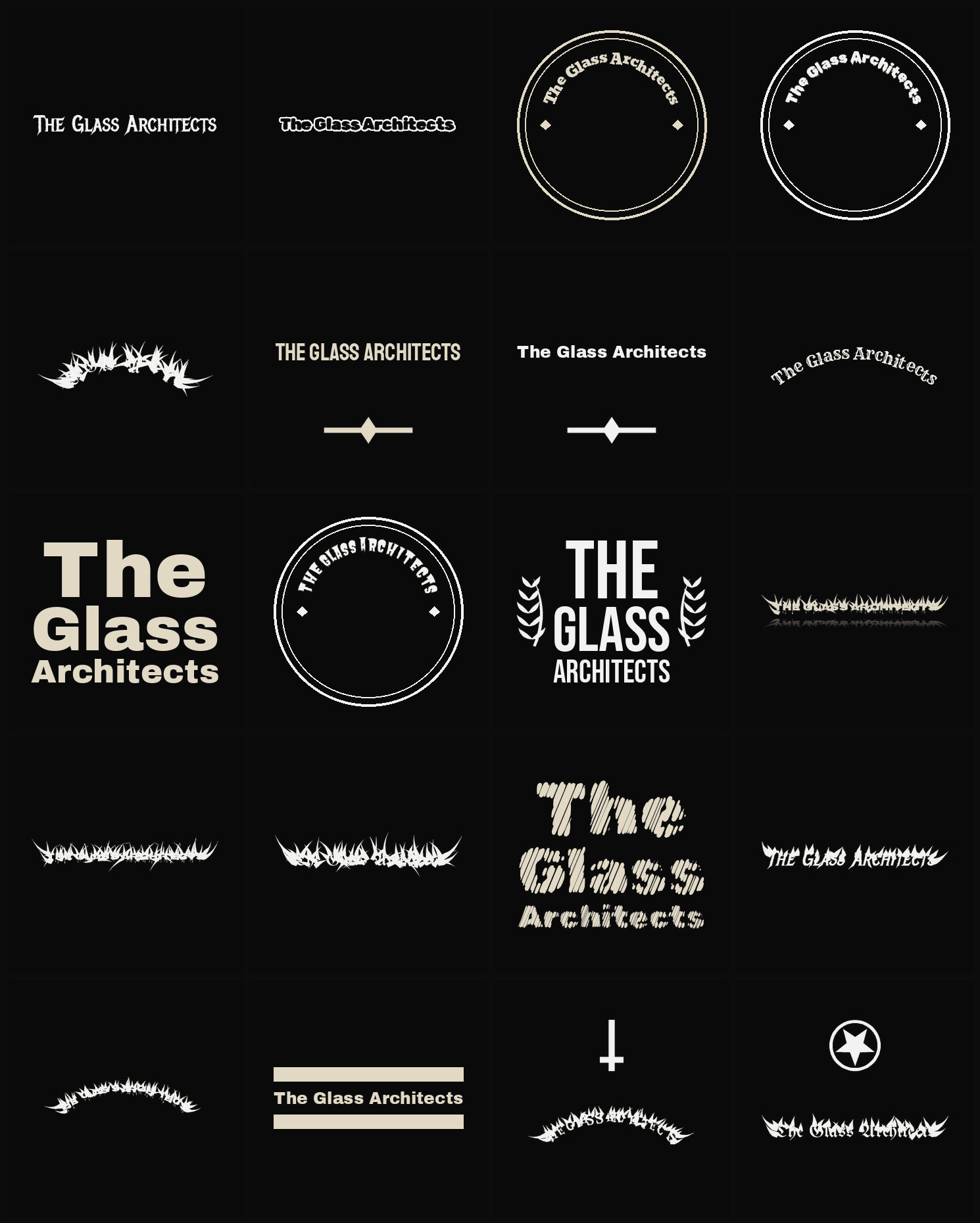 Twenty The Glass Architects band logo ideas — different faces, treatments and spike settings