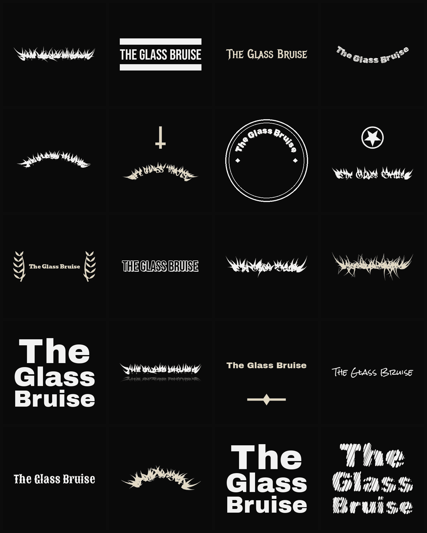 Twenty The Glass Bruise band logo ideas — different faces, treatments and spike settings