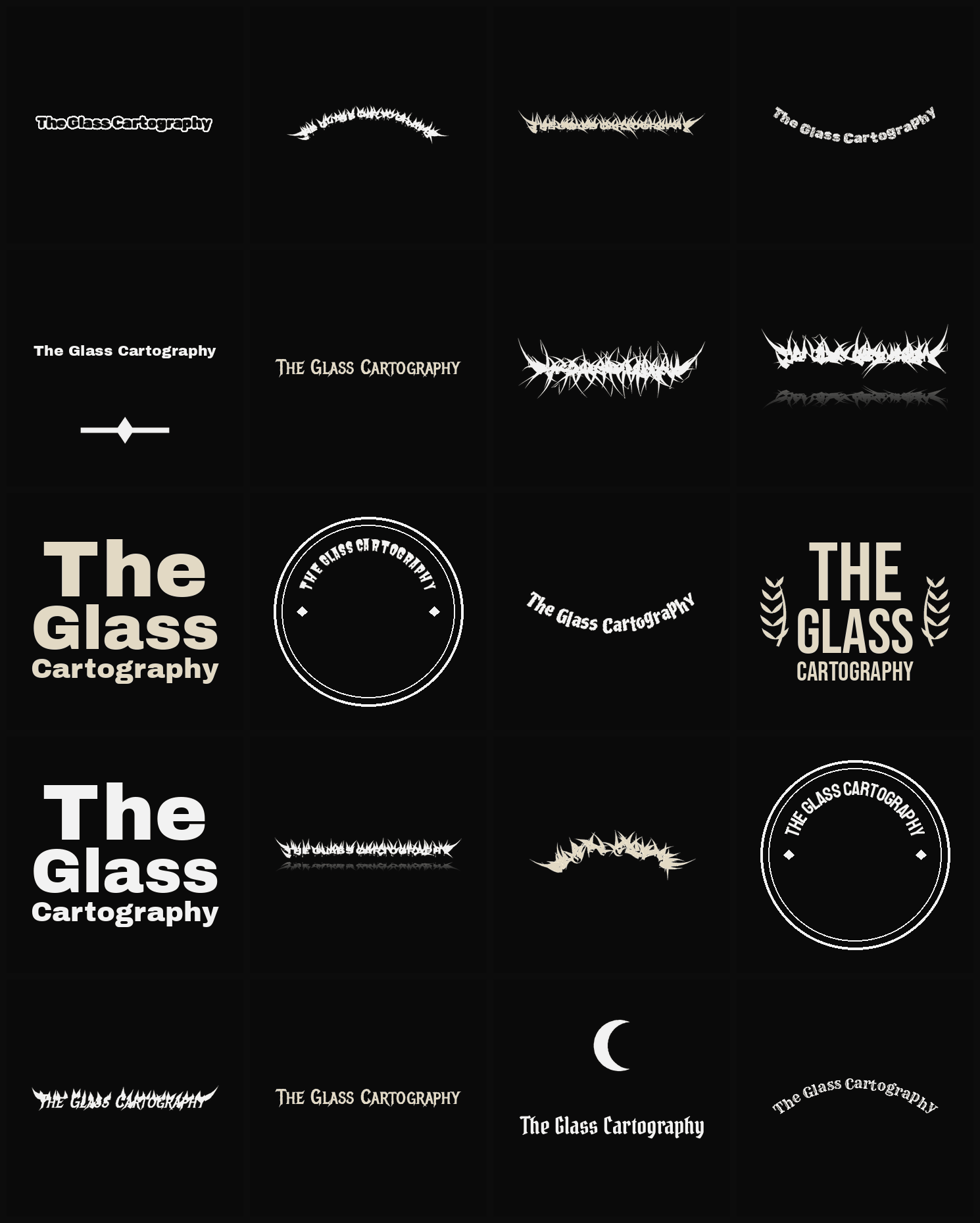 Twenty The Glass Cartography band logo ideas — different faces, treatments and spike settings