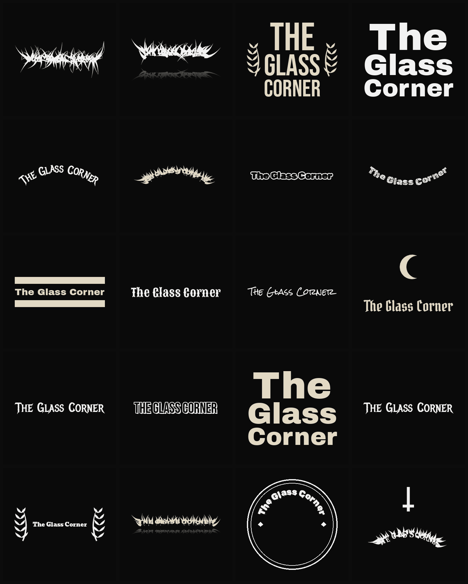 Twenty The Glass Corner band logo ideas — different faces, treatments and spike settings