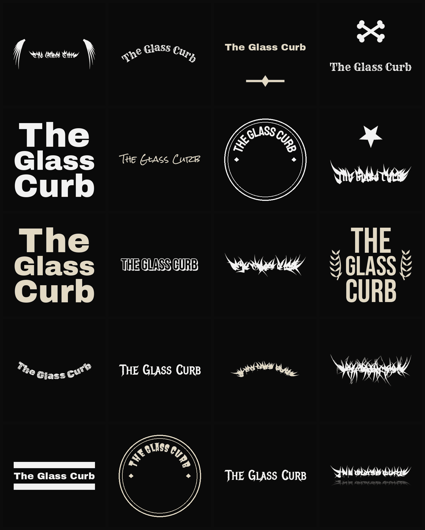Twenty The Glass Curb band logo ideas — different faces, treatments and spike settings