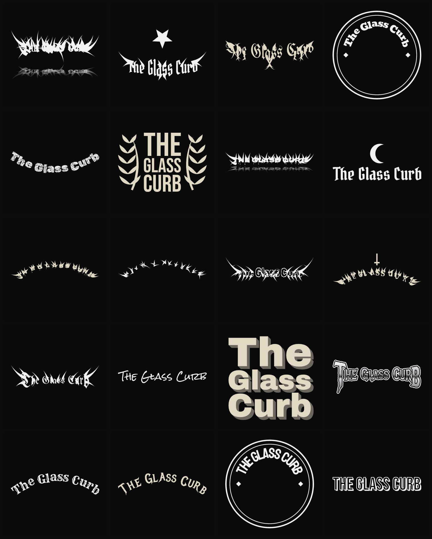 Twenty The Glass Curb band logo ideas — different faces, treatments and spike settings