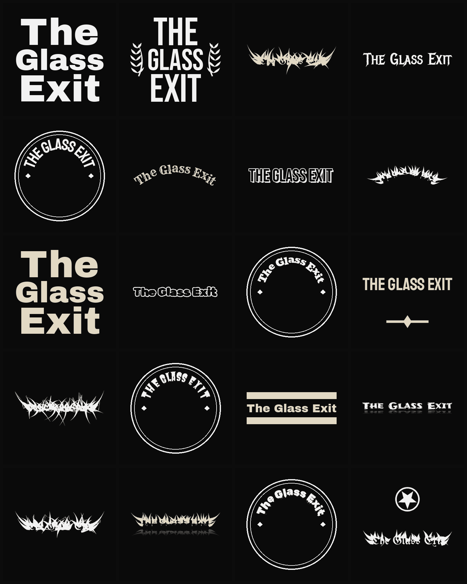 Twenty The Glass Exit band logo ideas — different faces, treatments and spike settings