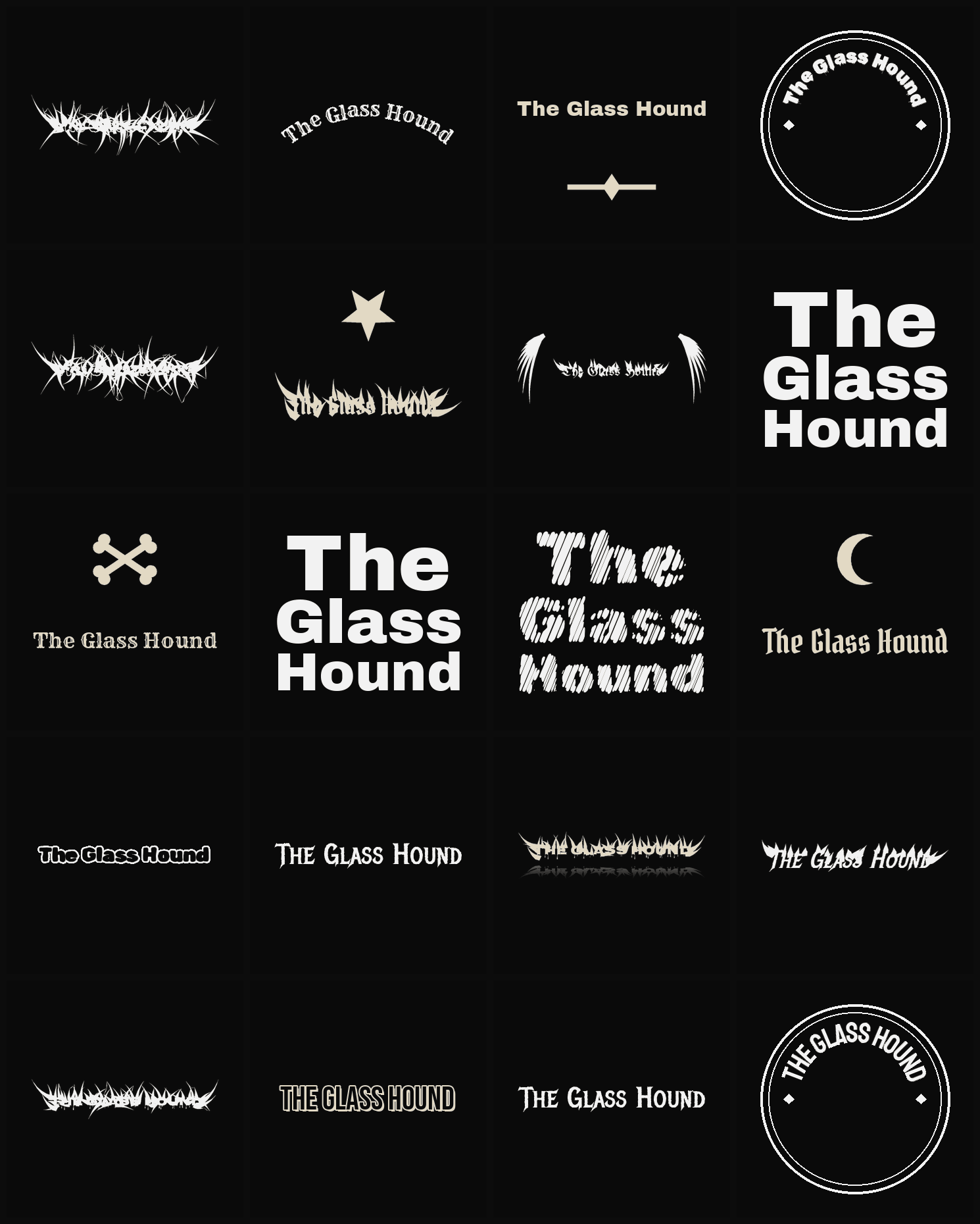Twenty The Glass Hound band logo ideas — different faces, treatments and spike settings