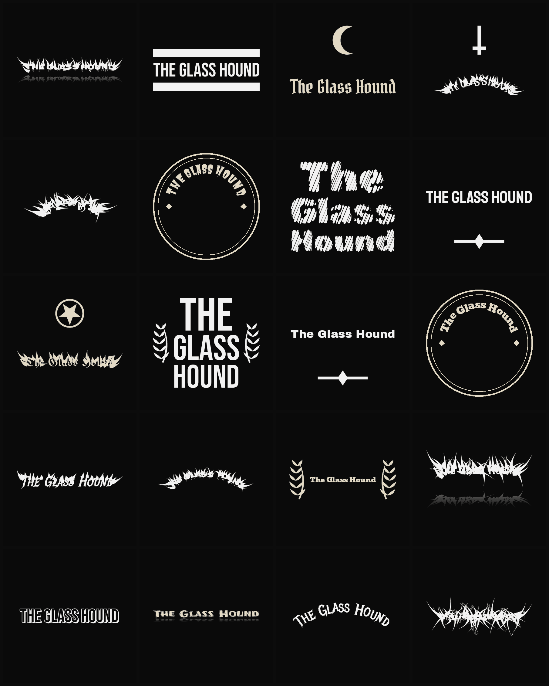 Twenty The Glass Hound band logo ideas — different faces, treatments and spike settings