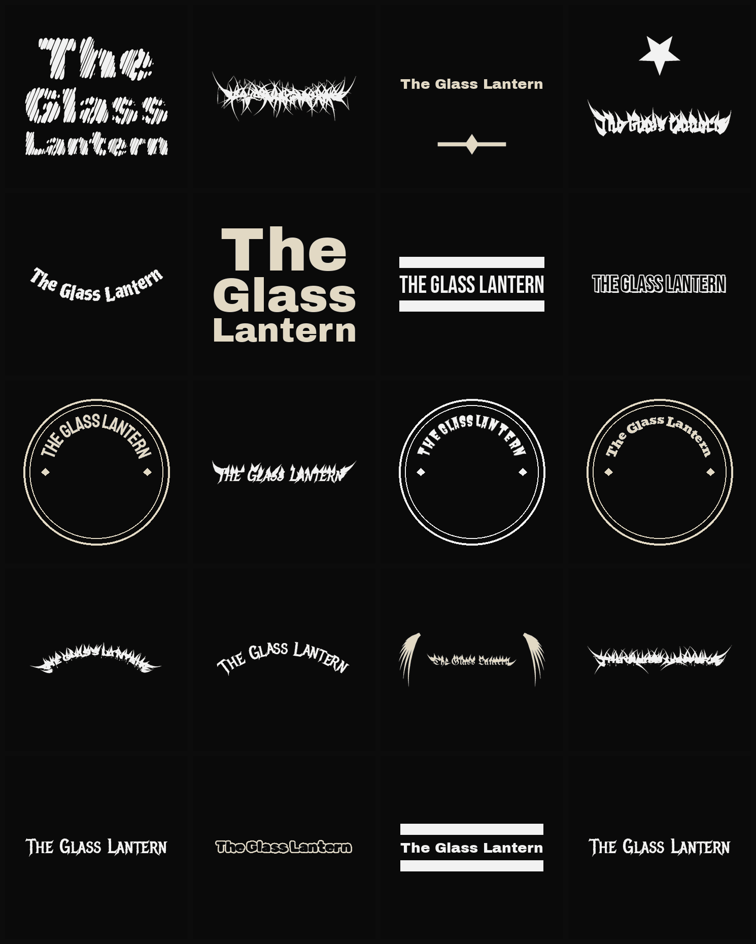 Twenty The Glass Lantern band logo ideas — different faces, treatments and spike settings