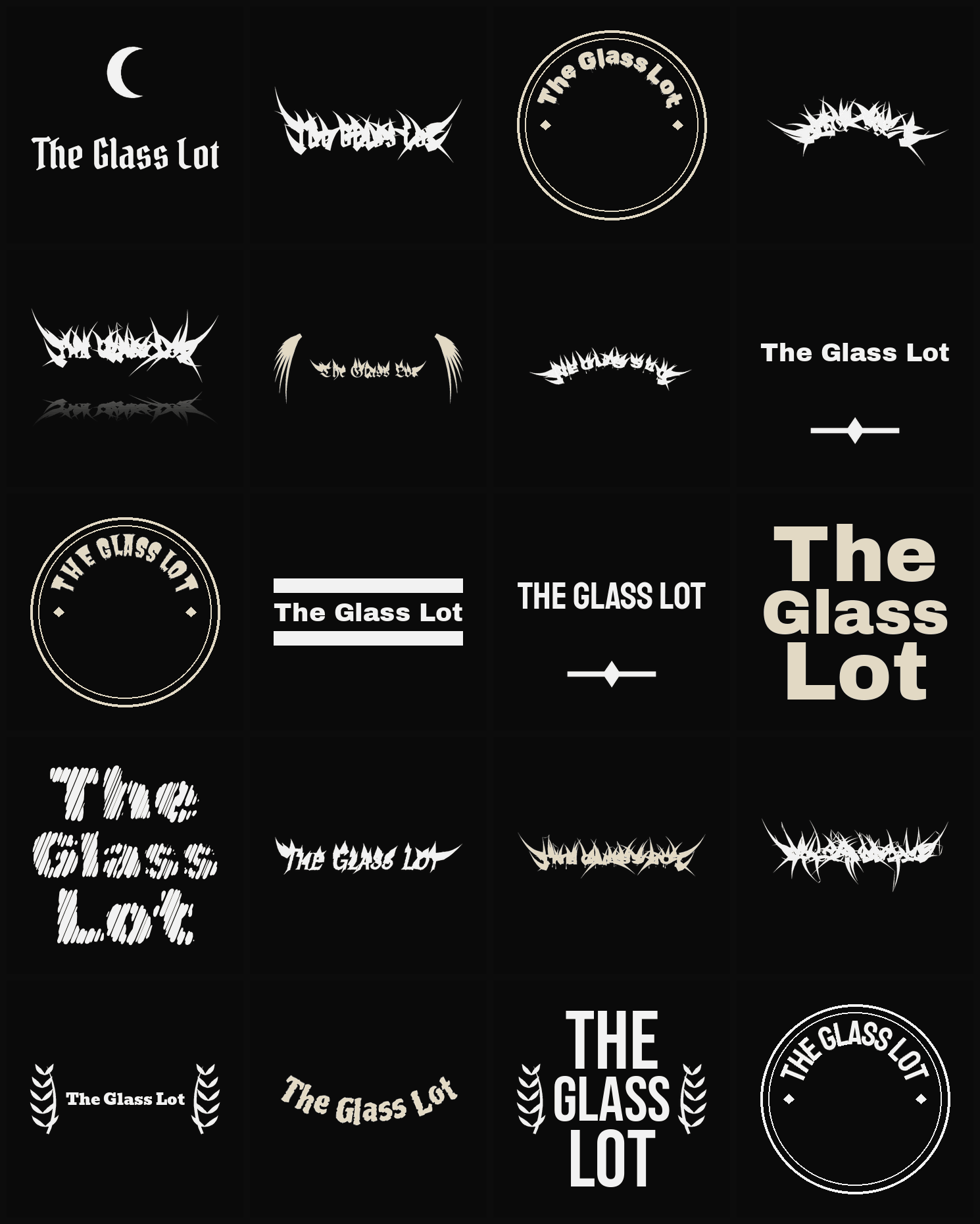 Twenty The Glass Lot band logo ideas — different faces, treatments and spike settings