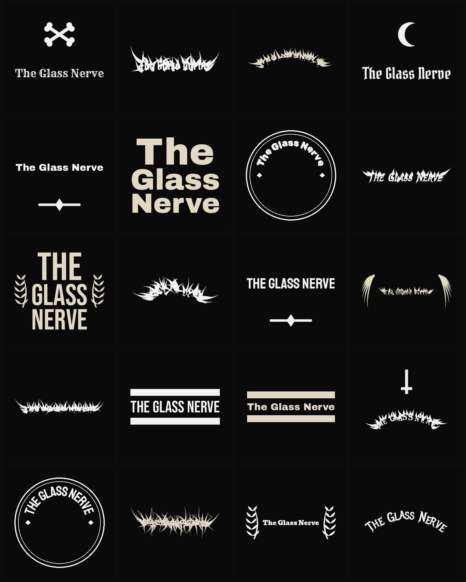 Twenty The Glass Nerve band logo ideas — different faces, treatments and spike settings