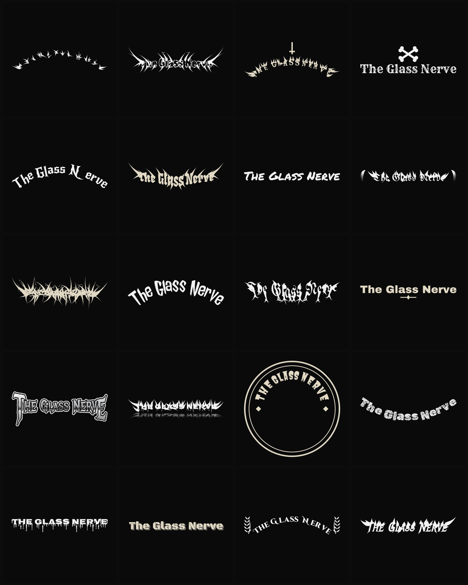 Twenty The Glass Nerve band logo ideas — different faces, treatments and spike settings