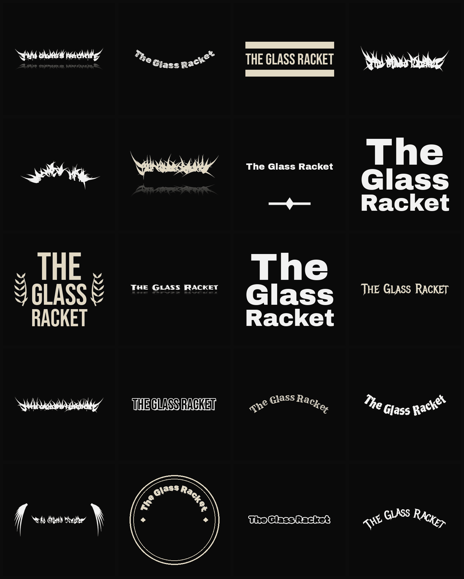 Twenty The Glass Racket band logo ideas — different faces, treatments and spike settings