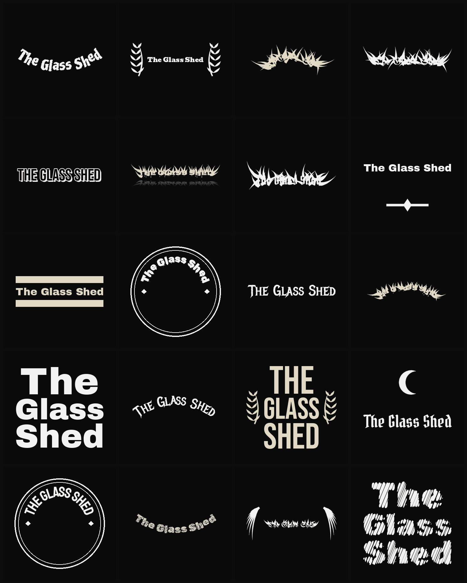 Twenty The Glass Shed band logo ideas — different faces, treatments and spike settings