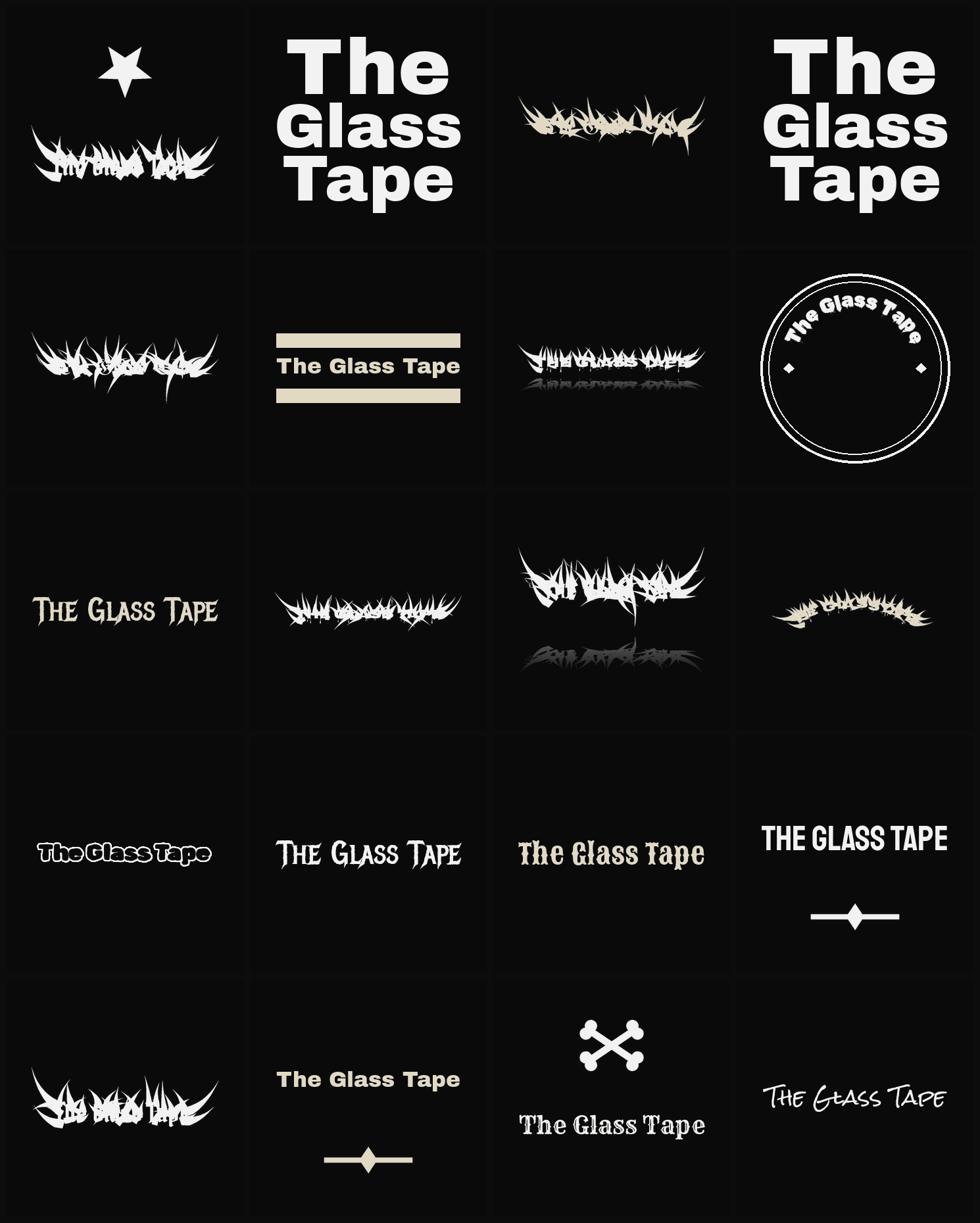 Twenty The Glass Tape band logo ideas — different faces, treatments and spike settings