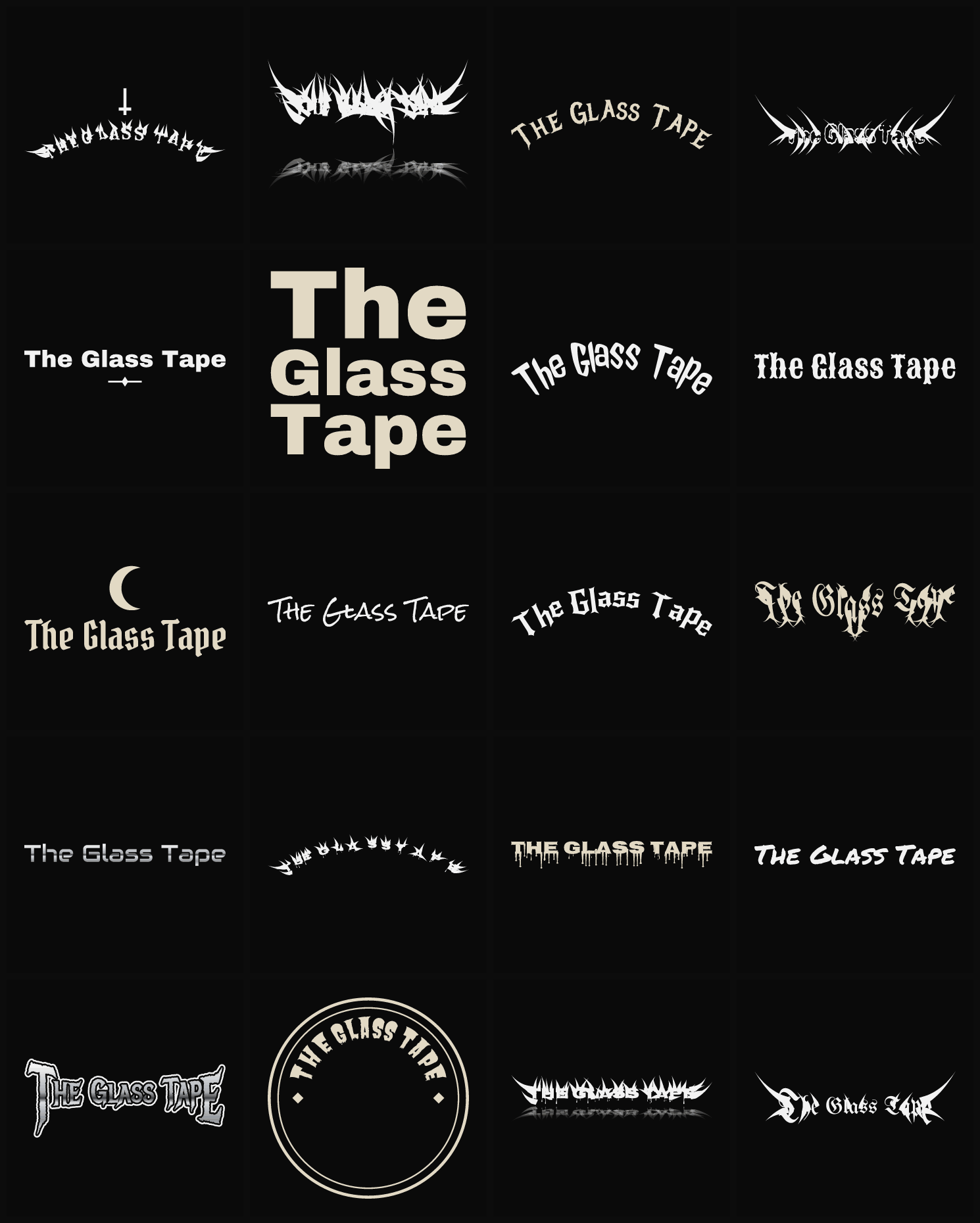 Twenty The Glass Tape band logo ideas — different faces, treatments and spike settings