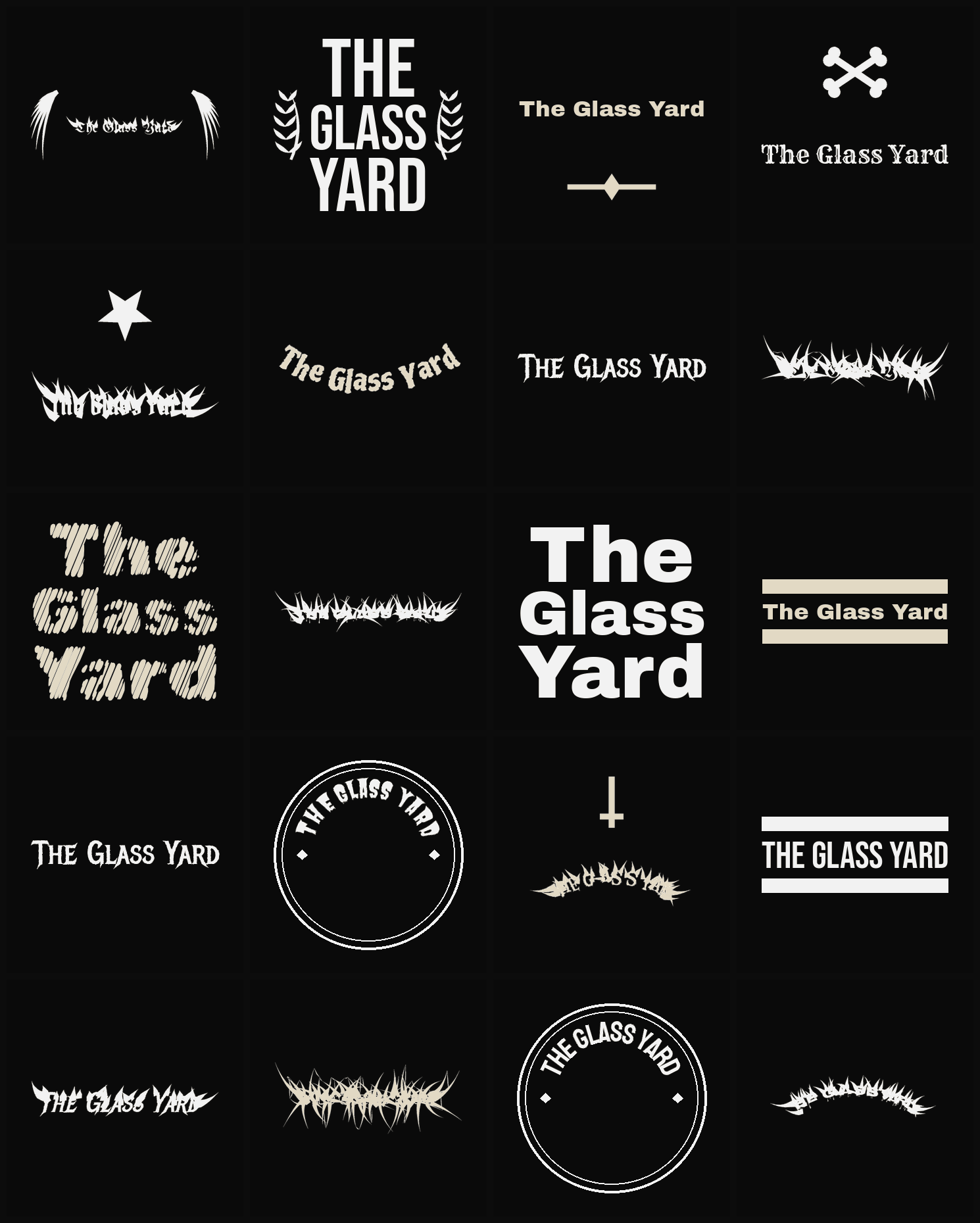 Twenty The Glass Yard band logo ideas — different faces, treatments and spike settings