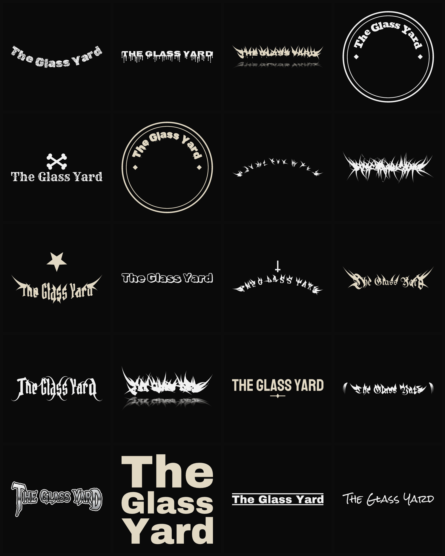 Twenty The Glass Yard band logo ideas — different faces, treatments and spike settings