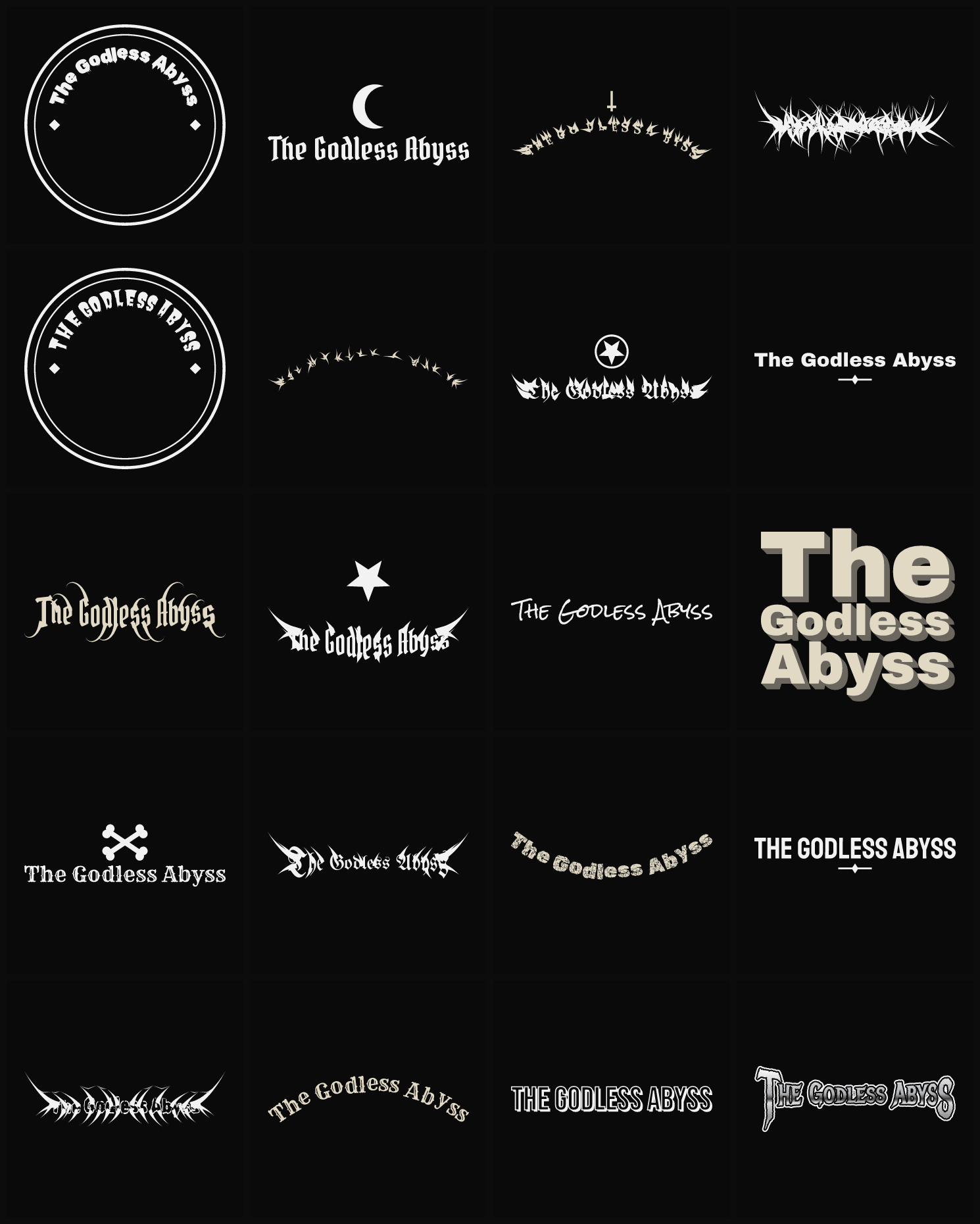 Twenty The Godless Abyss band logo ideas — different faces, treatments and spike settings