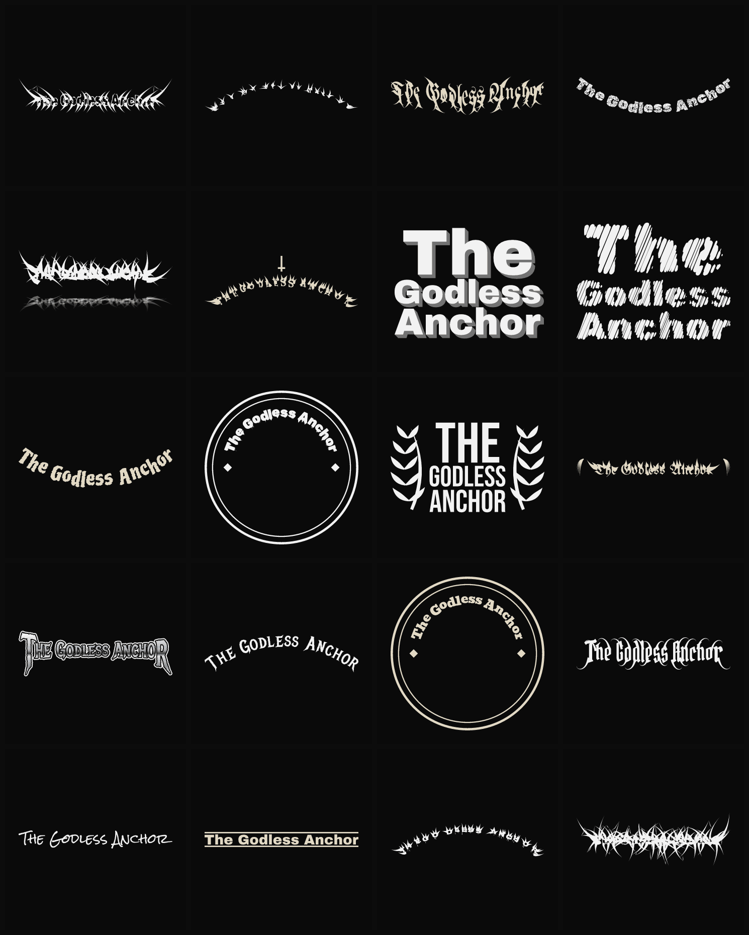 Twenty The Godless Anchor band logo ideas — different faces, treatments and spike settings