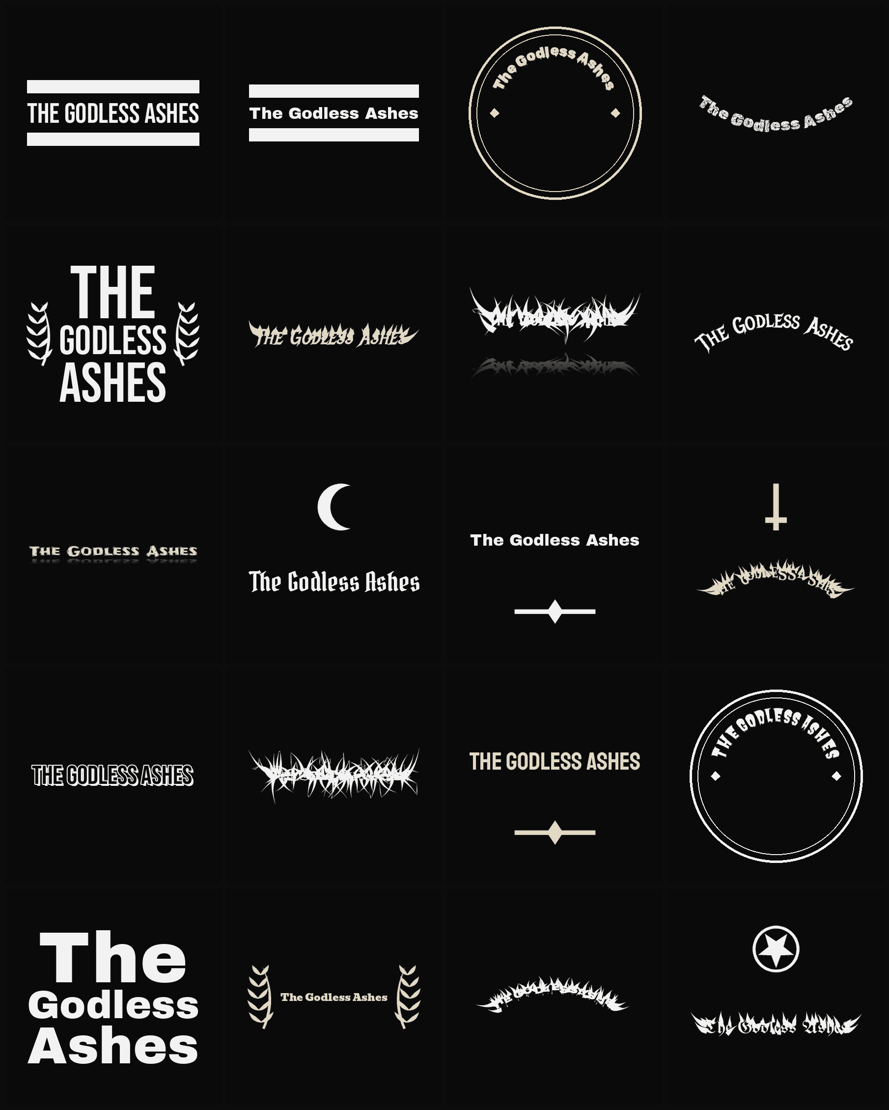 Twenty The Godless Ashes band logo ideas — different faces, treatments and spike settings