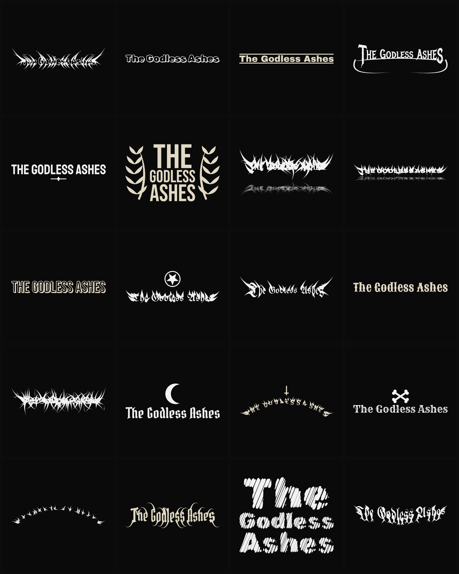 Twenty The Godless Ashes band logo ideas — different faces, treatments and spike settings