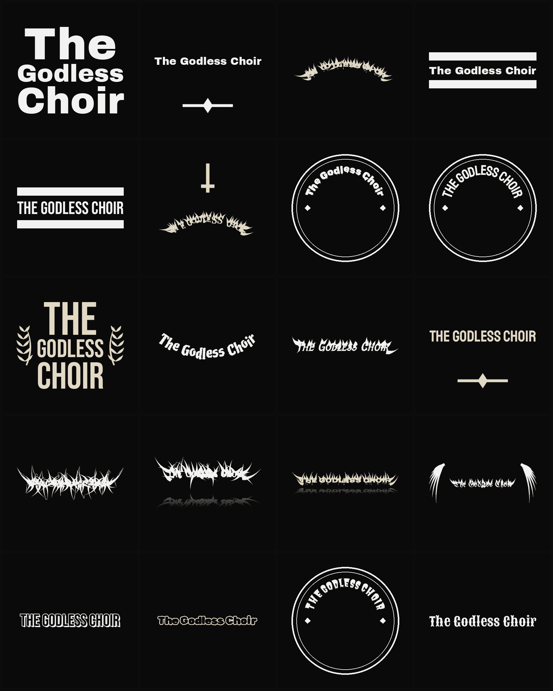 Twenty The Godless Choir band logo ideas — different faces, treatments and spike settings