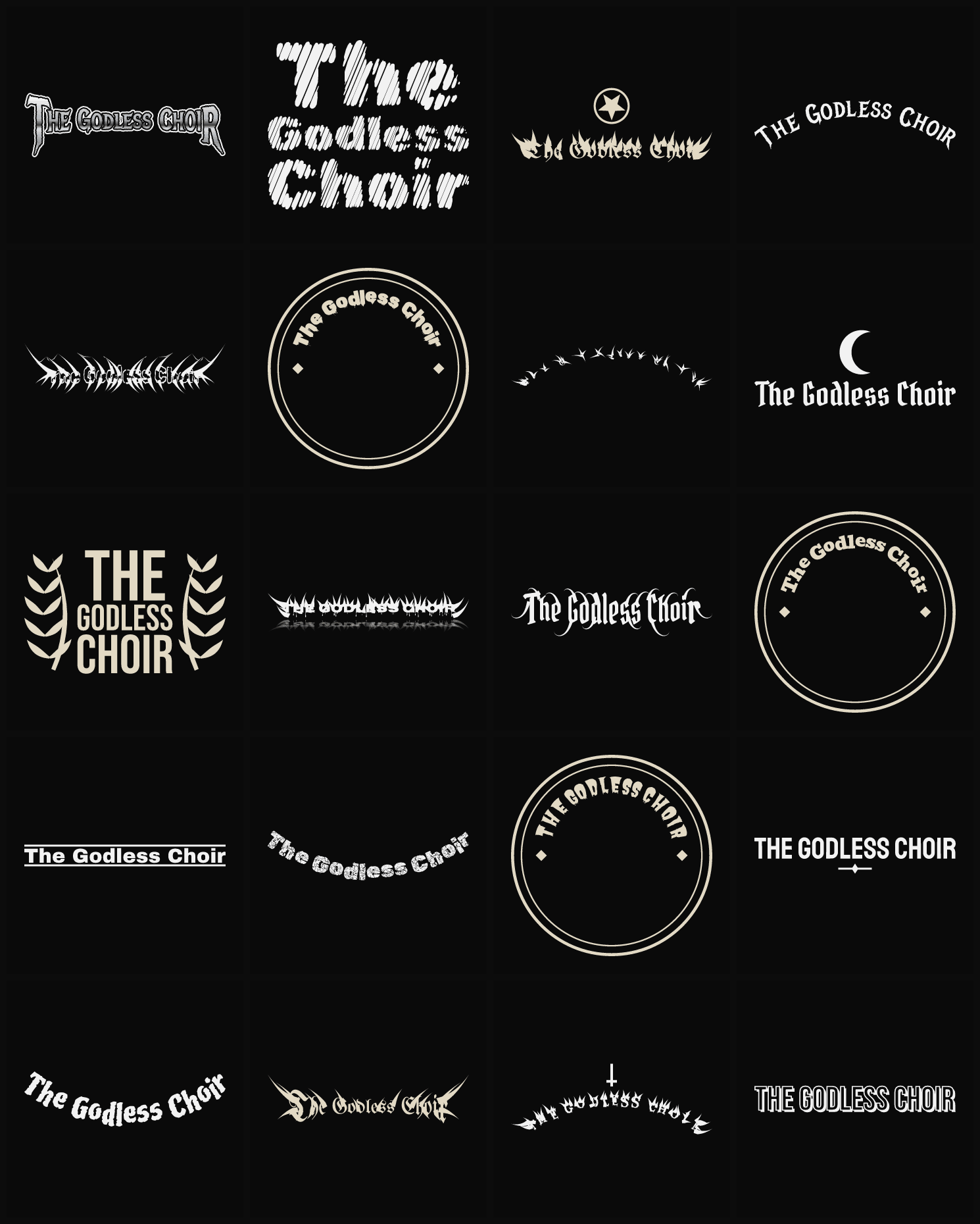 Twenty The Godless Choir band logo ideas — different faces, treatments and spike settings