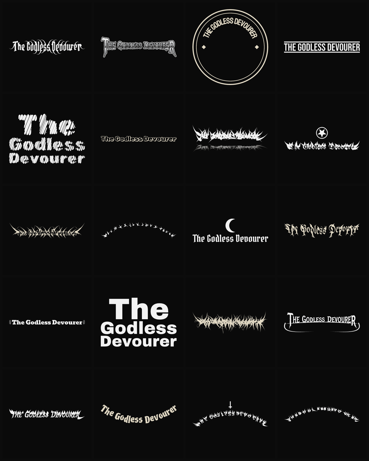 Twenty The Godless Devourer band logo ideas — different faces, treatments and spike settings