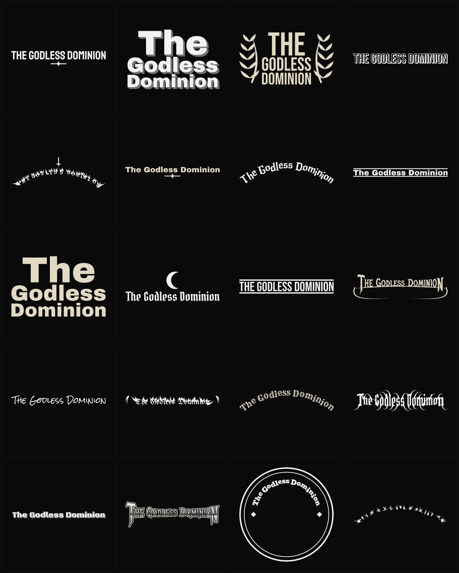 Twenty The Godless Dominion band logo ideas — different faces, treatments and spike settings