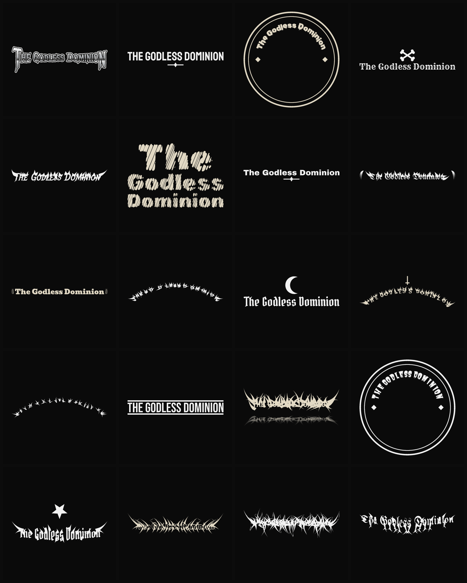 Twenty The Godless Dominion band logo ideas — different faces, treatments and spike settings