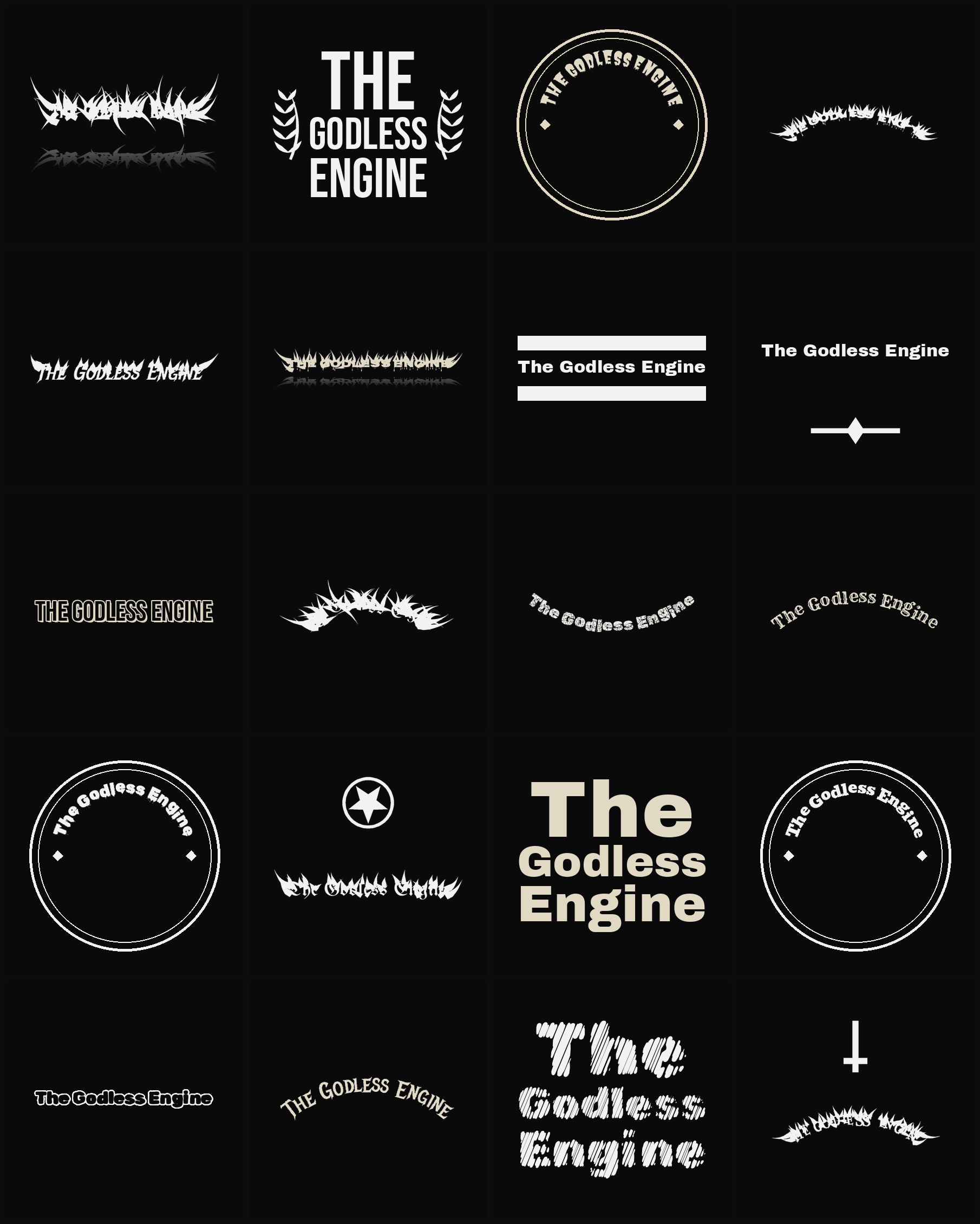 Twenty The Godless Engine band logo ideas — different faces, treatments and spike settings