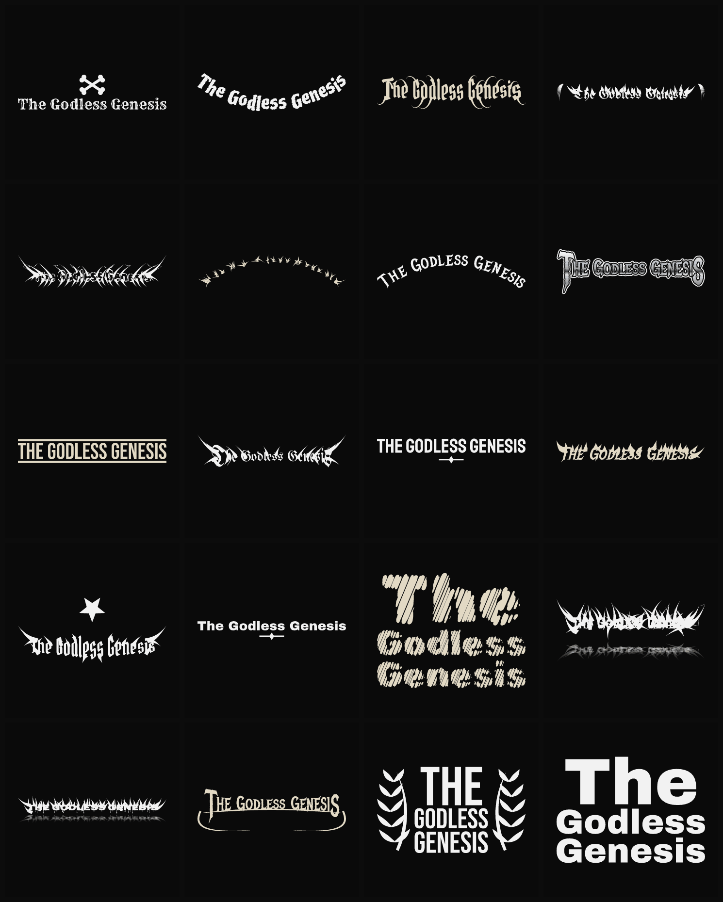 Twenty The Godless Genesis band logo ideas — different faces, treatments and spike settings