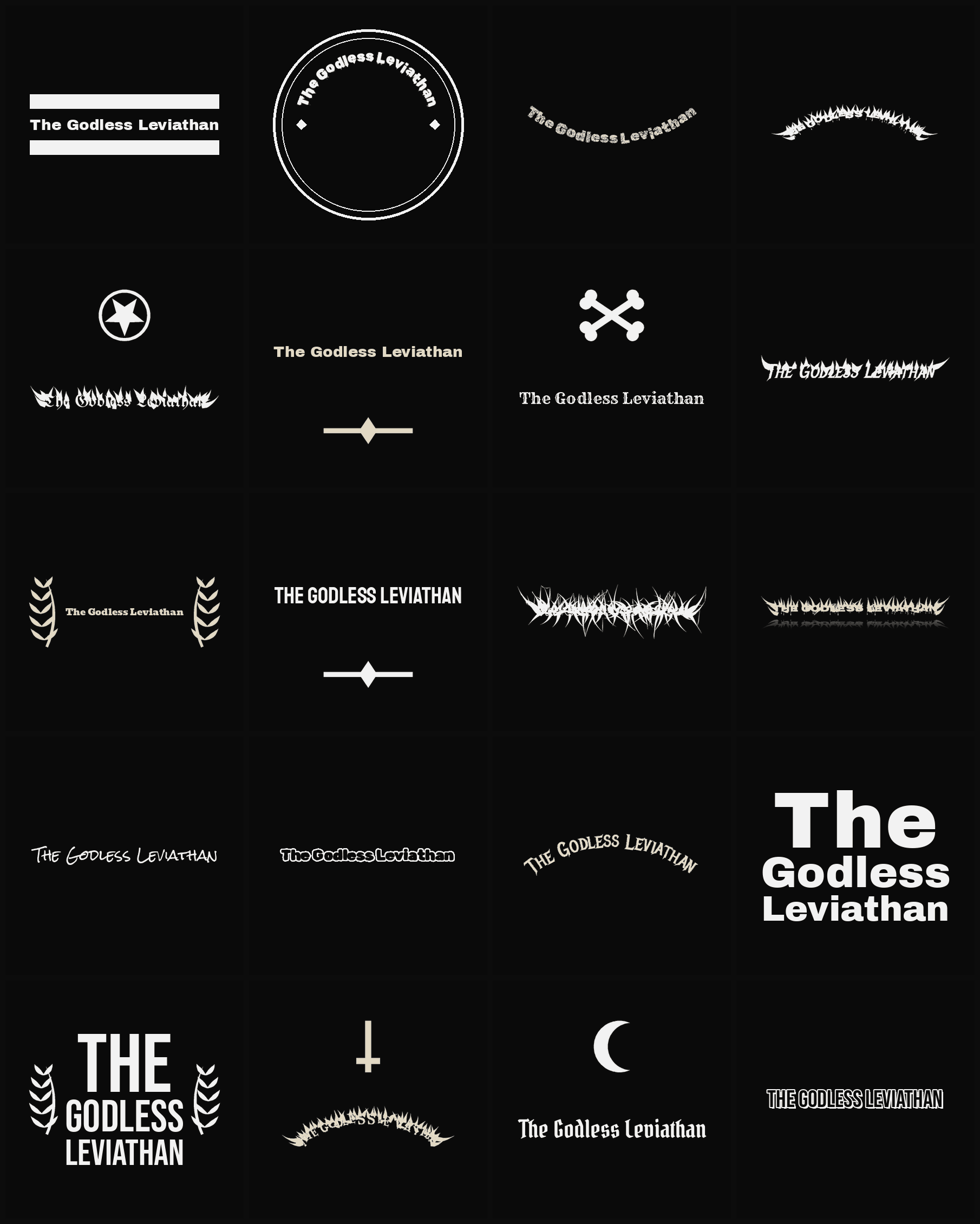 Twenty The Godless Leviathan band logo ideas — different faces, treatments and spike settings