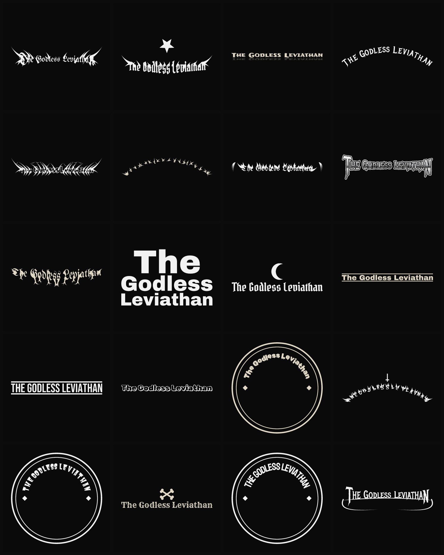 Twenty The Godless Leviathan band logo ideas — different faces, treatments and spike settings