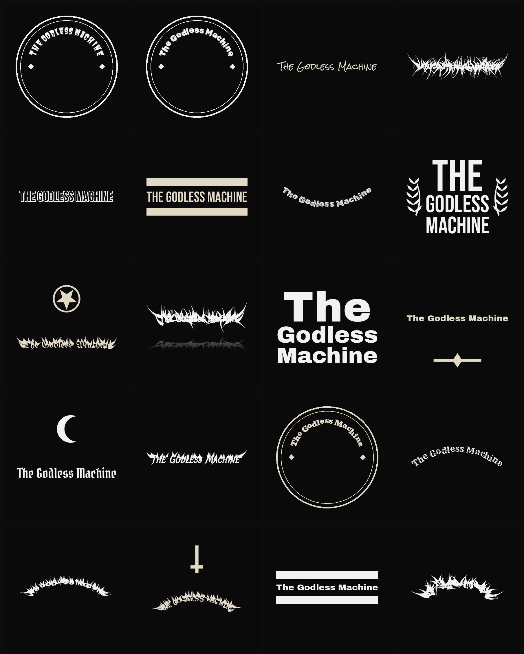 Twenty The Godless Machine band logo ideas — different faces, treatments and spike settings