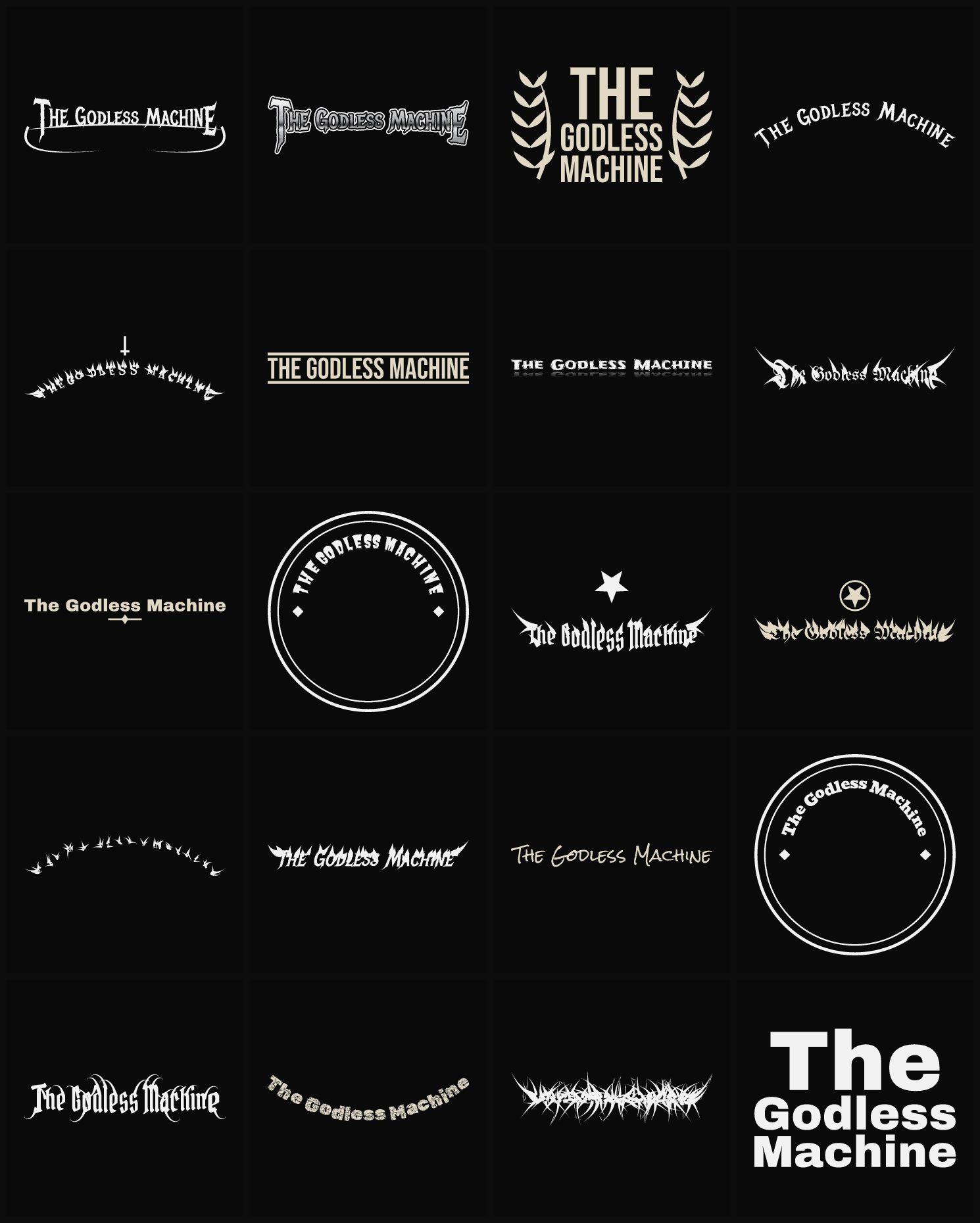 Twenty The Godless Machine band logo ideas — different faces, treatments and spike settings