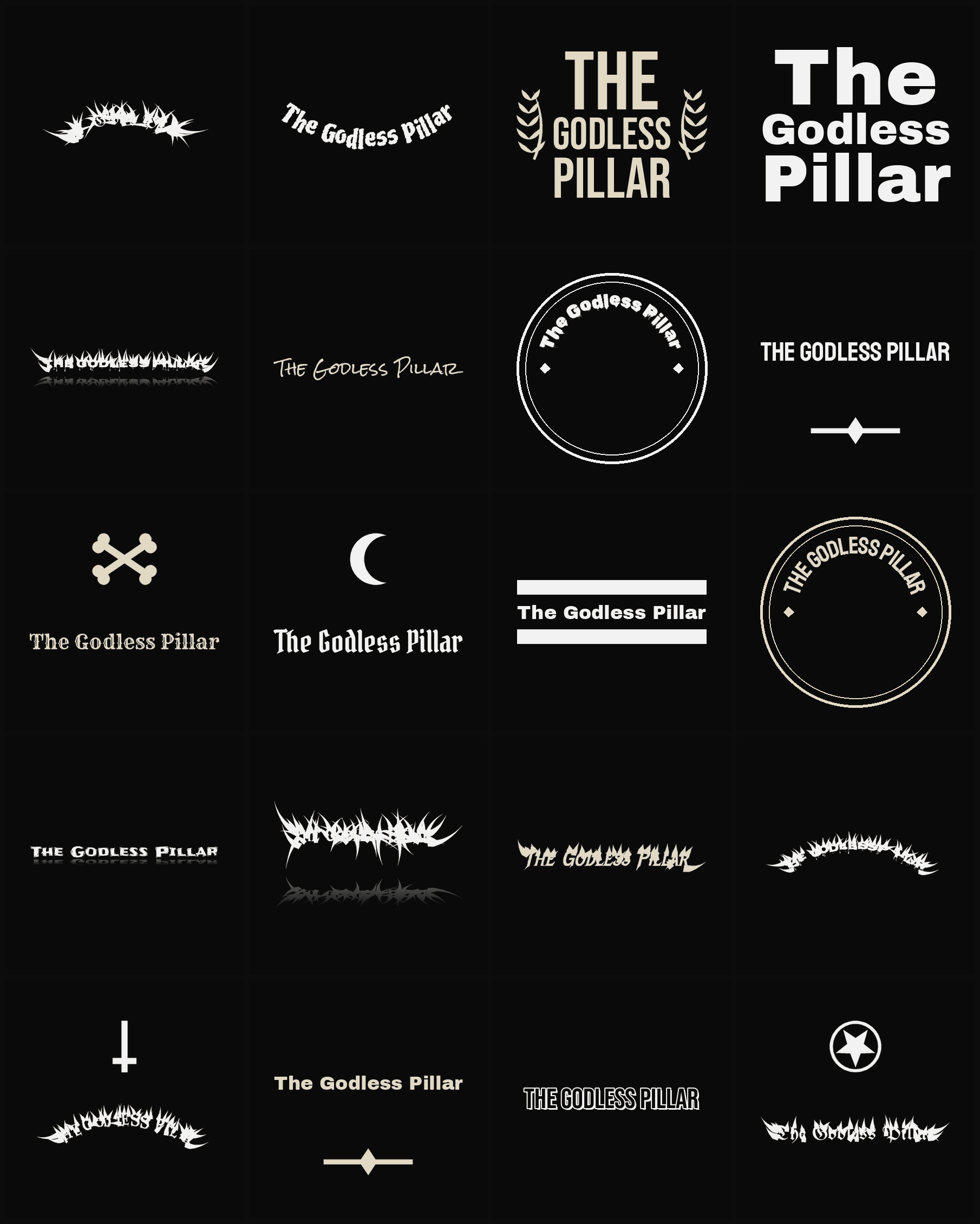 Twenty The Godless Pillar band logo ideas — different faces, treatments and spike settings