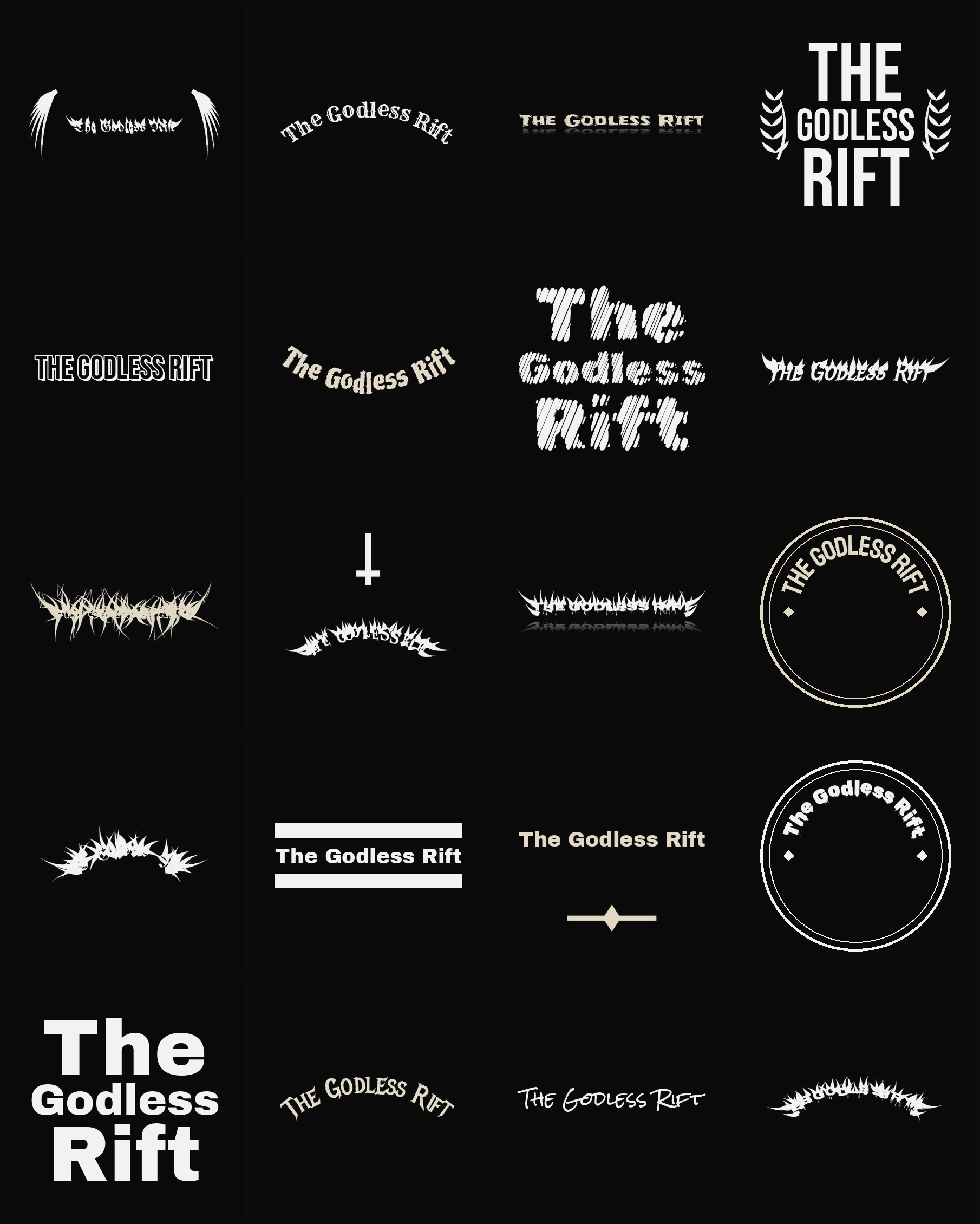 Twenty The Godless Rift band logo ideas — different faces, treatments and spike settings