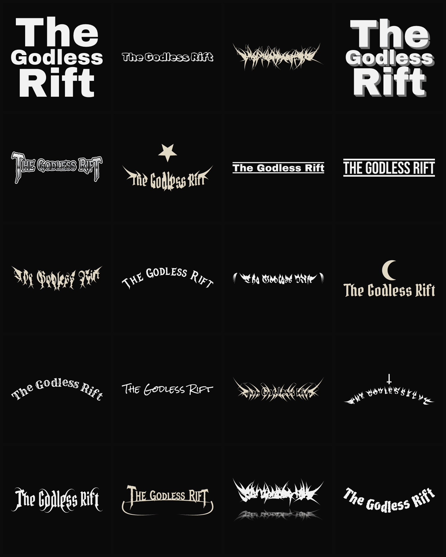 Twenty The Godless Rift band logo ideas — different faces, treatments and spike settings