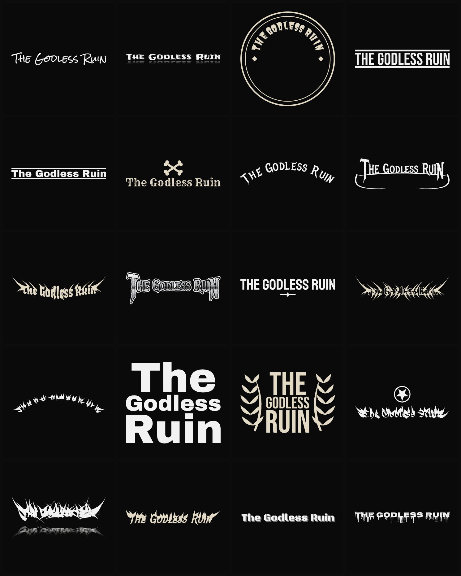 Twenty The Godless Ruin band logo ideas — different faces, treatments and spike settings
