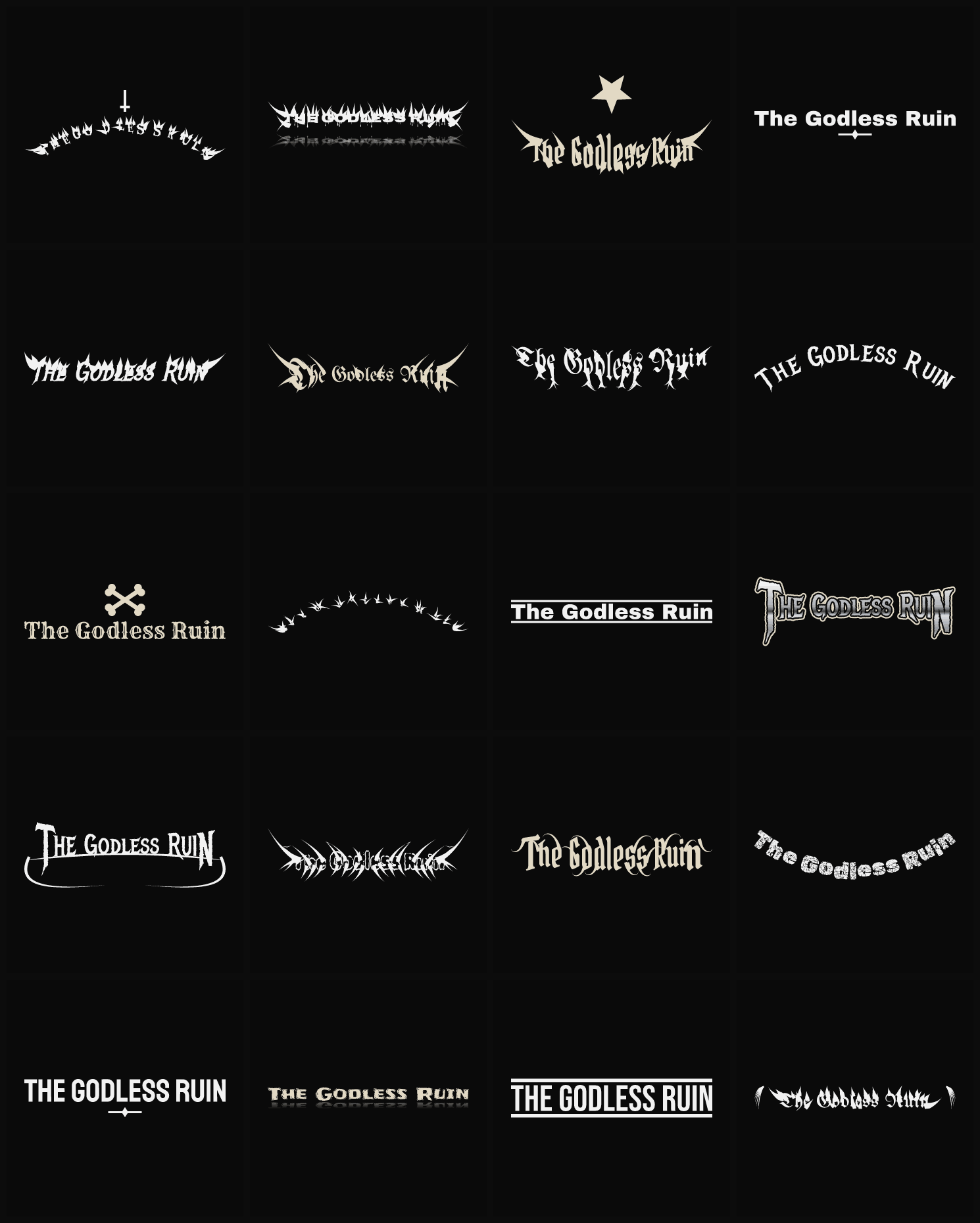 Twenty The Godless Ruin band logo ideas — different faces, treatments and spike settings