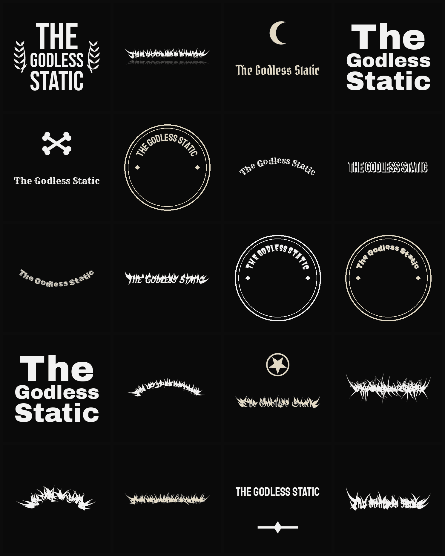 Twenty The Godless Static band logo ideas — different faces, treatments and spike settings