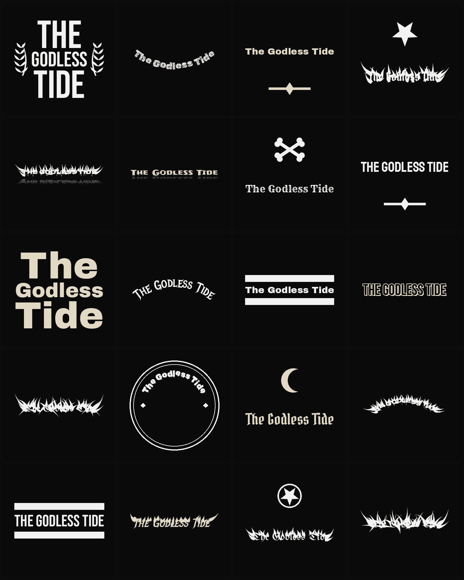 Twenty The Godless Tide band logo ideas — different faces, treatments and spike settings